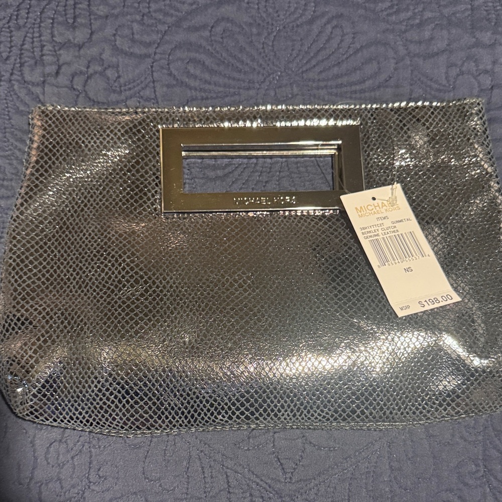 Michael Kors Metallic Silver Berkley Clutch Genuine Leather